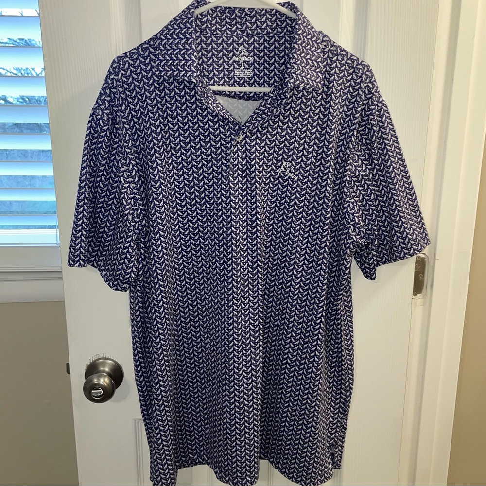 Rhoback men’s polo, size large, dogs with tennis balls design. EUC
